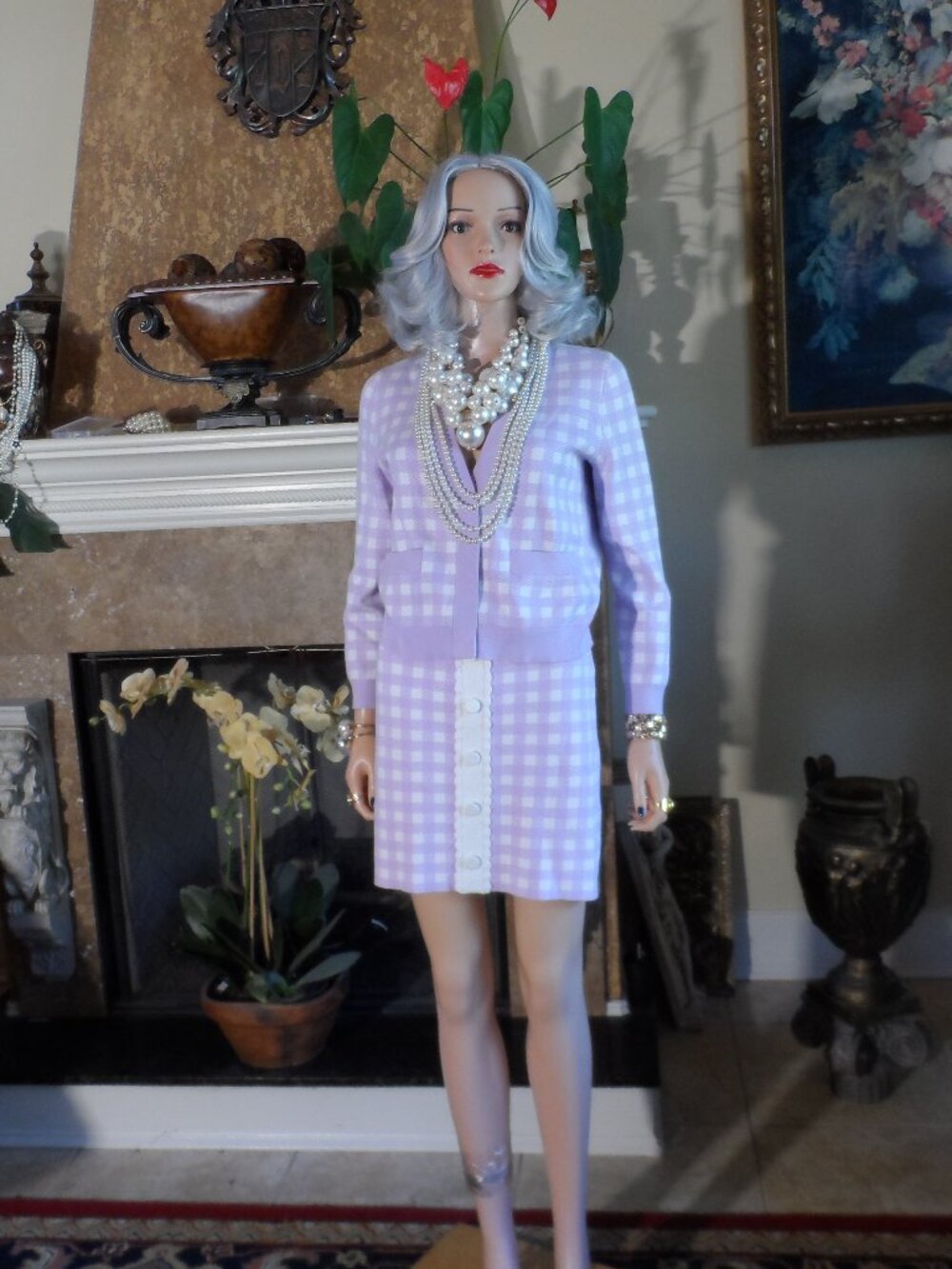 New Maje Lilac & White Plaid Knit Cardigan Skirt Set FR 36 US S